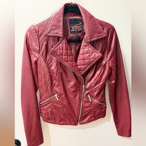 Yoki Women's Burgundy Leather Jacket with Quilted Design